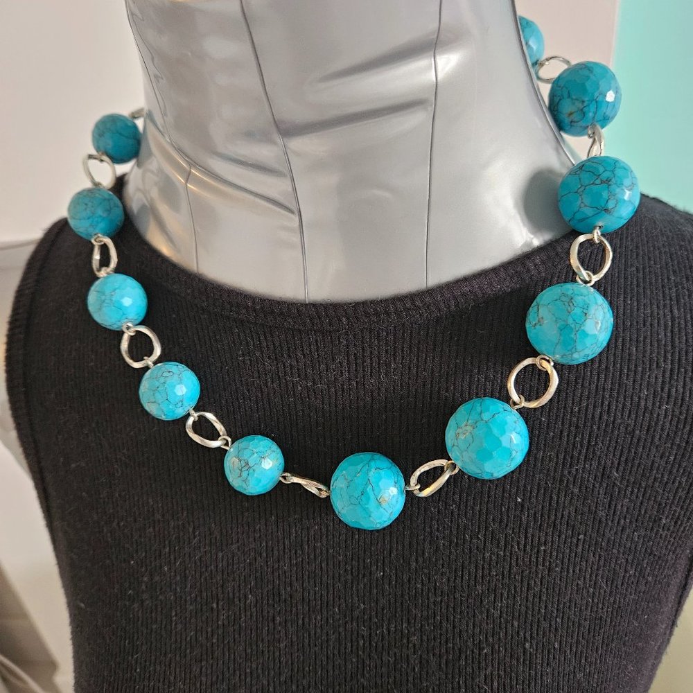 Chunky turquoise single bead silver statement necklace